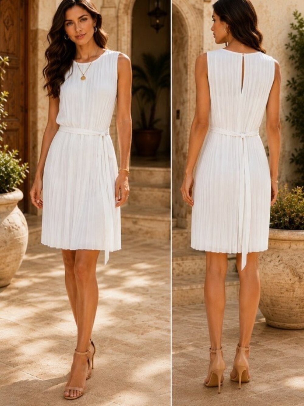 Banana Republic White Pleated Tie Waist Dress Size 8 NWT